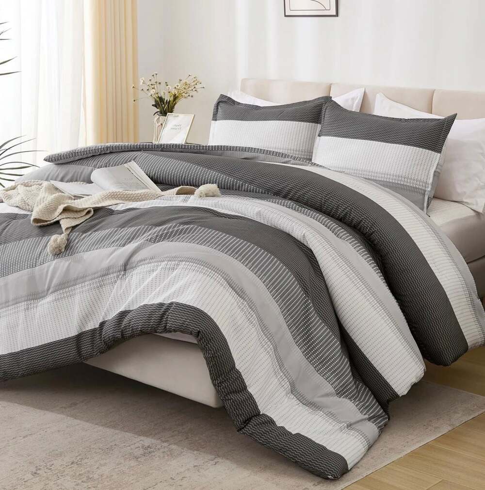 Dark Grey Striped Comforter Set - 3 Piece King Size Lightweight Bedding